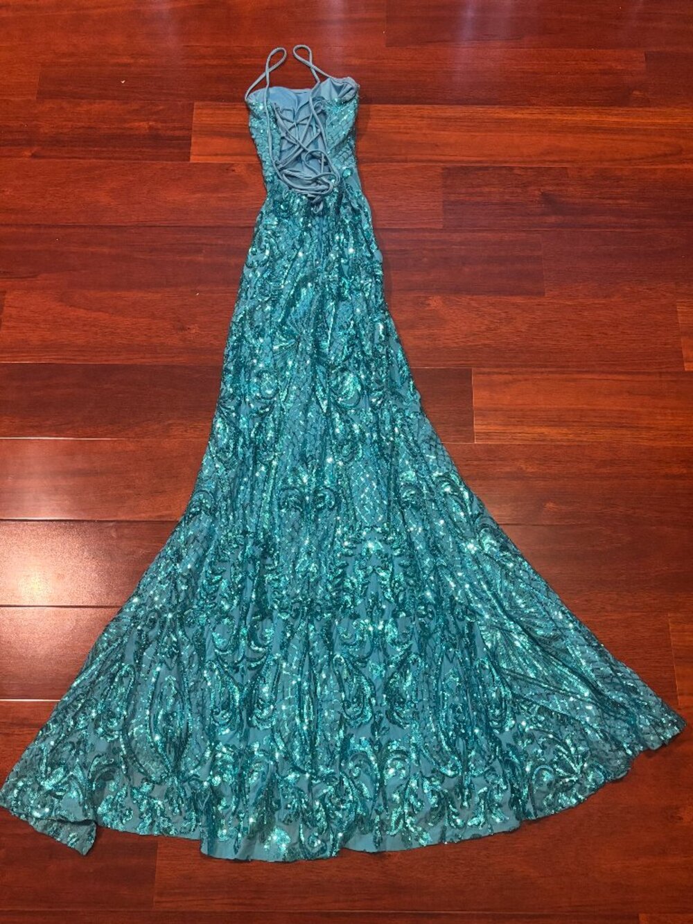 Windsor Teal Sequin Mermaid Prom Dress Lace-Up Corset Back Women's Size XS - Picture 3 of 4